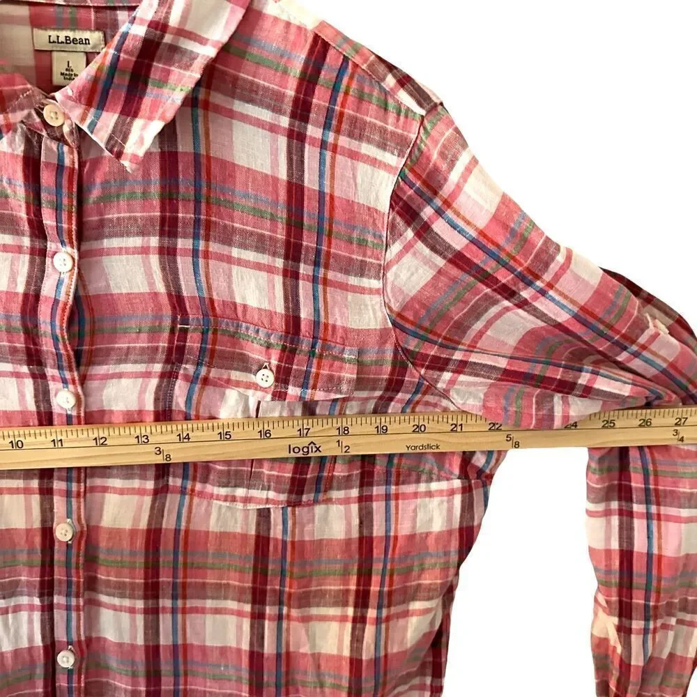 L.L. Bean Pink White Plaid 100% Linen‎ Button Up Long Sleeve Blouse Size L